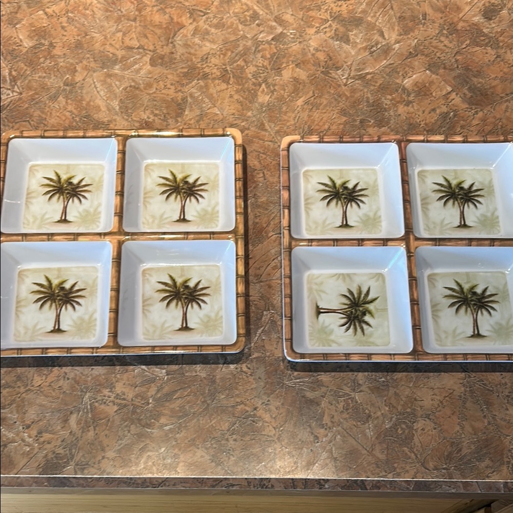 Bamboo Trim & Palm Tree Square Serving Trays. Set of Two
